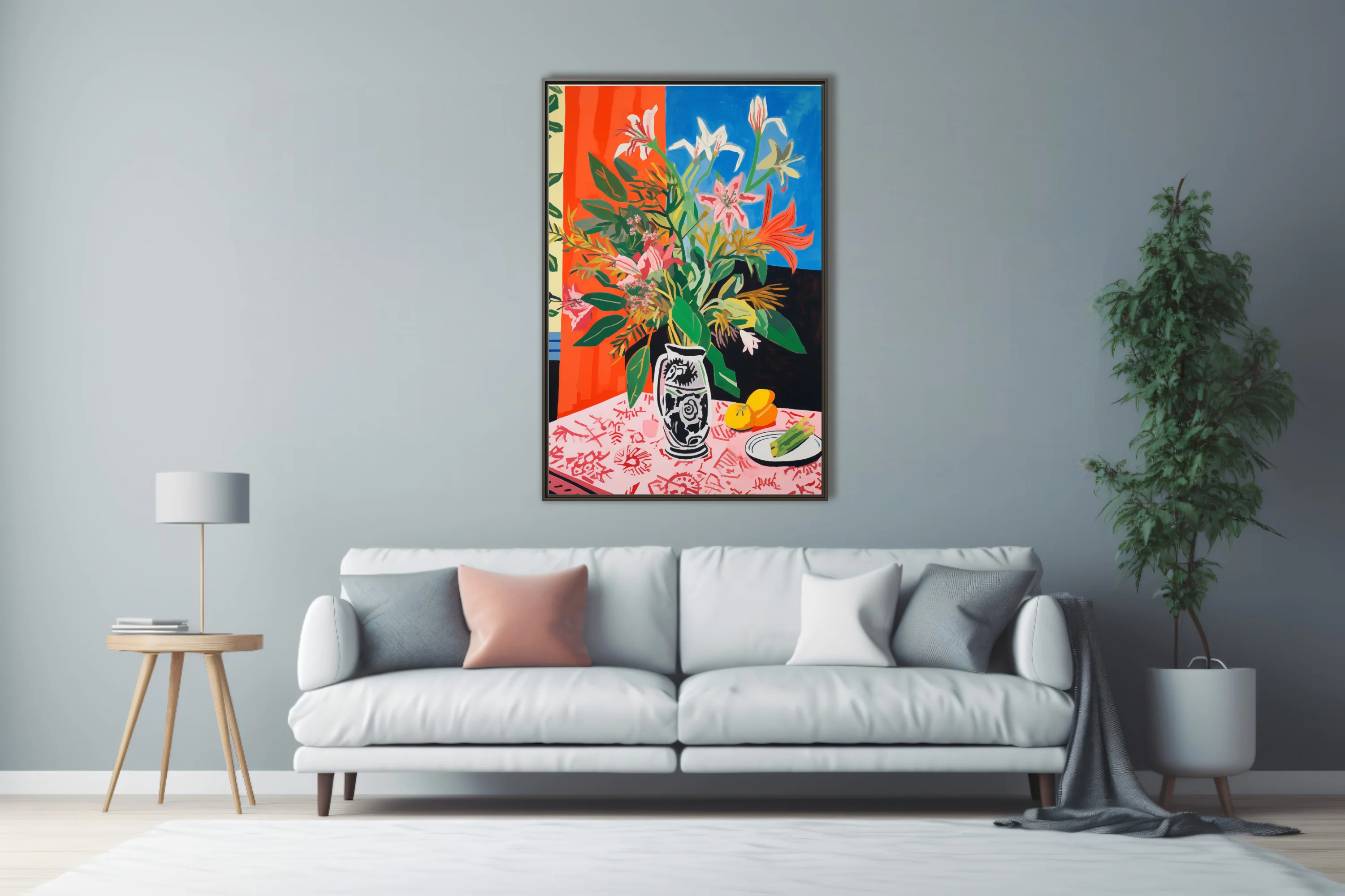 Saturated abstract floral still life, bold orange blue palette, decorated ceramic vase with lilies