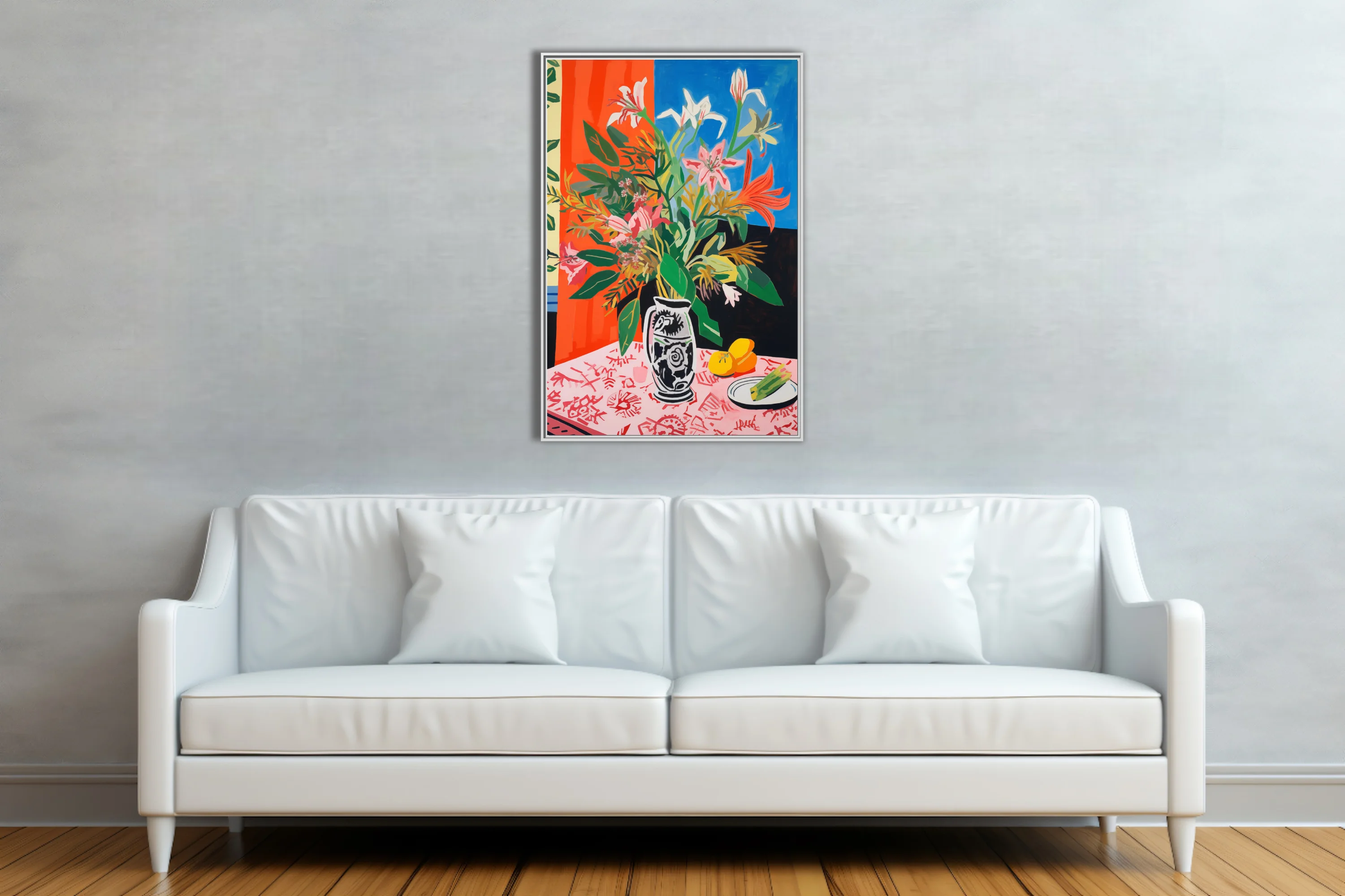 Saturated abstract floral still life, bold orange blue palette, decorated ceramic vase with lilies