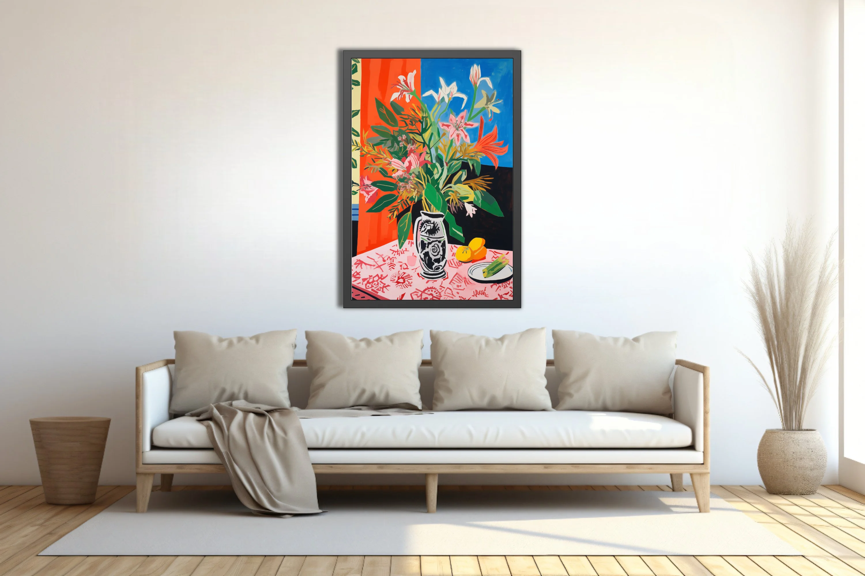 Saturated abstract floral still life, bold orange blue palette, decorated ceramic vase with lilies