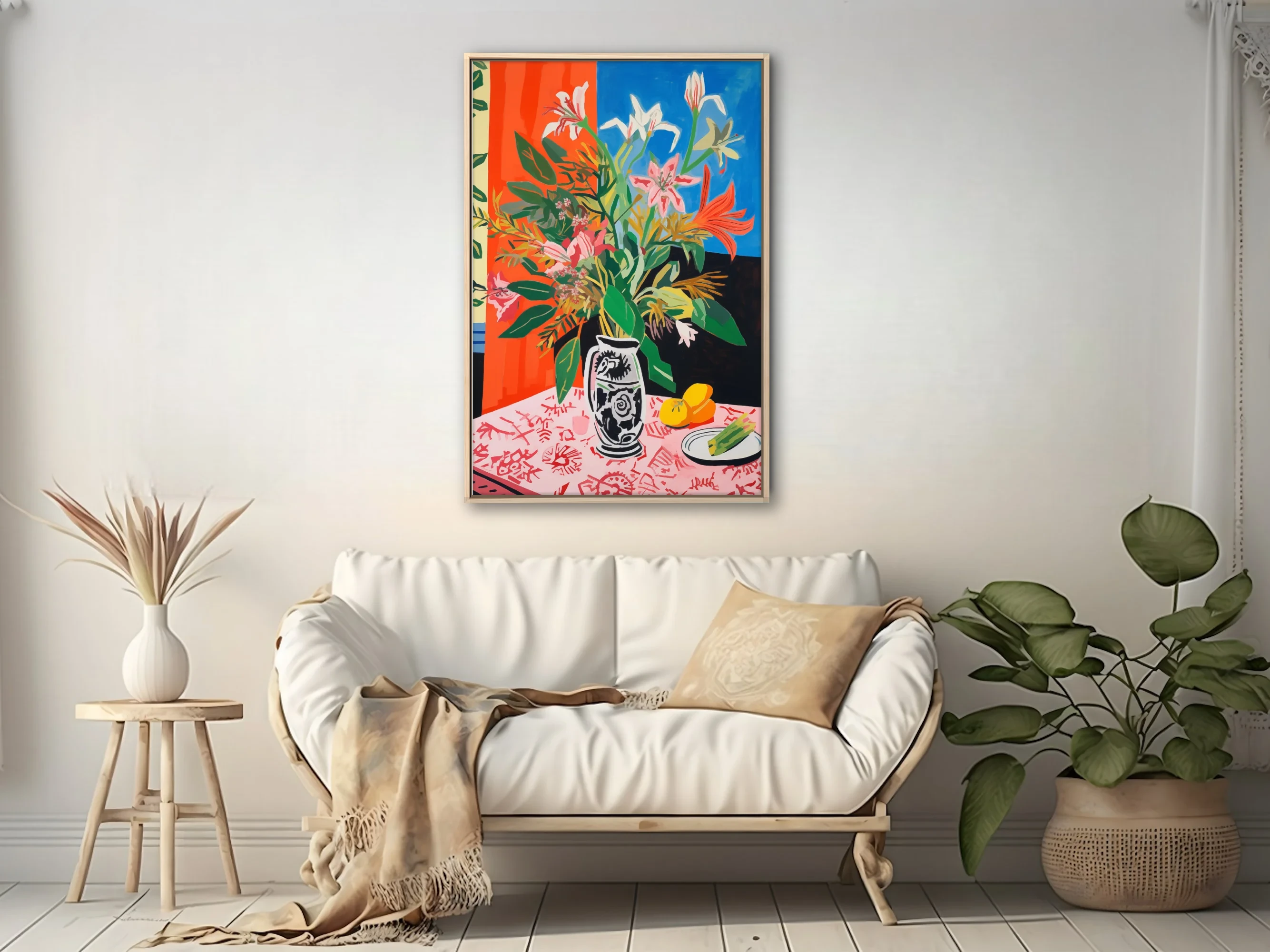 Saturated abstract floral still life, bold orange blue palette, decorated ceramic vase with lilies