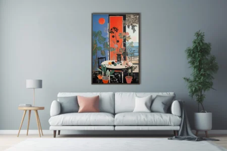 Intensely colored abstract interior still life with botanicals, red panel, and coastal view
