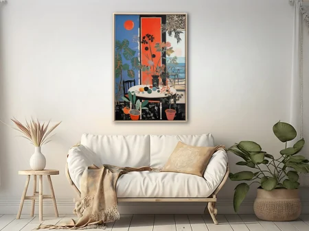 Intensely colored abstract interior still life with botanicals, red panel, and coastal view