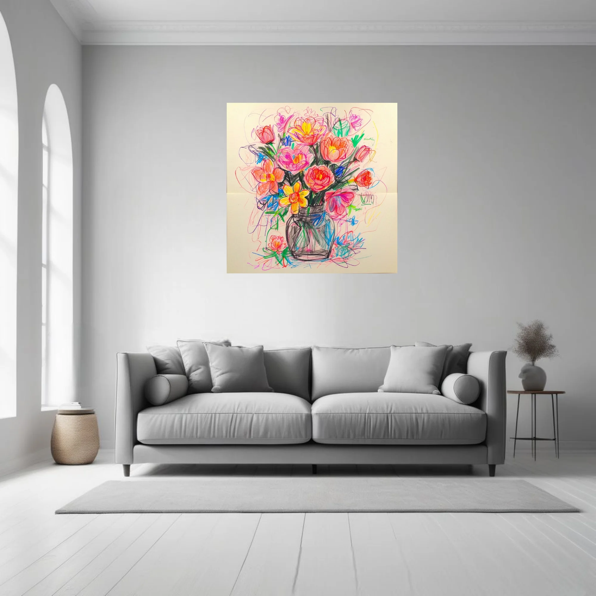 Crayon-sketch abstract floral bouquet in coral, pink and yellow in a mason jar