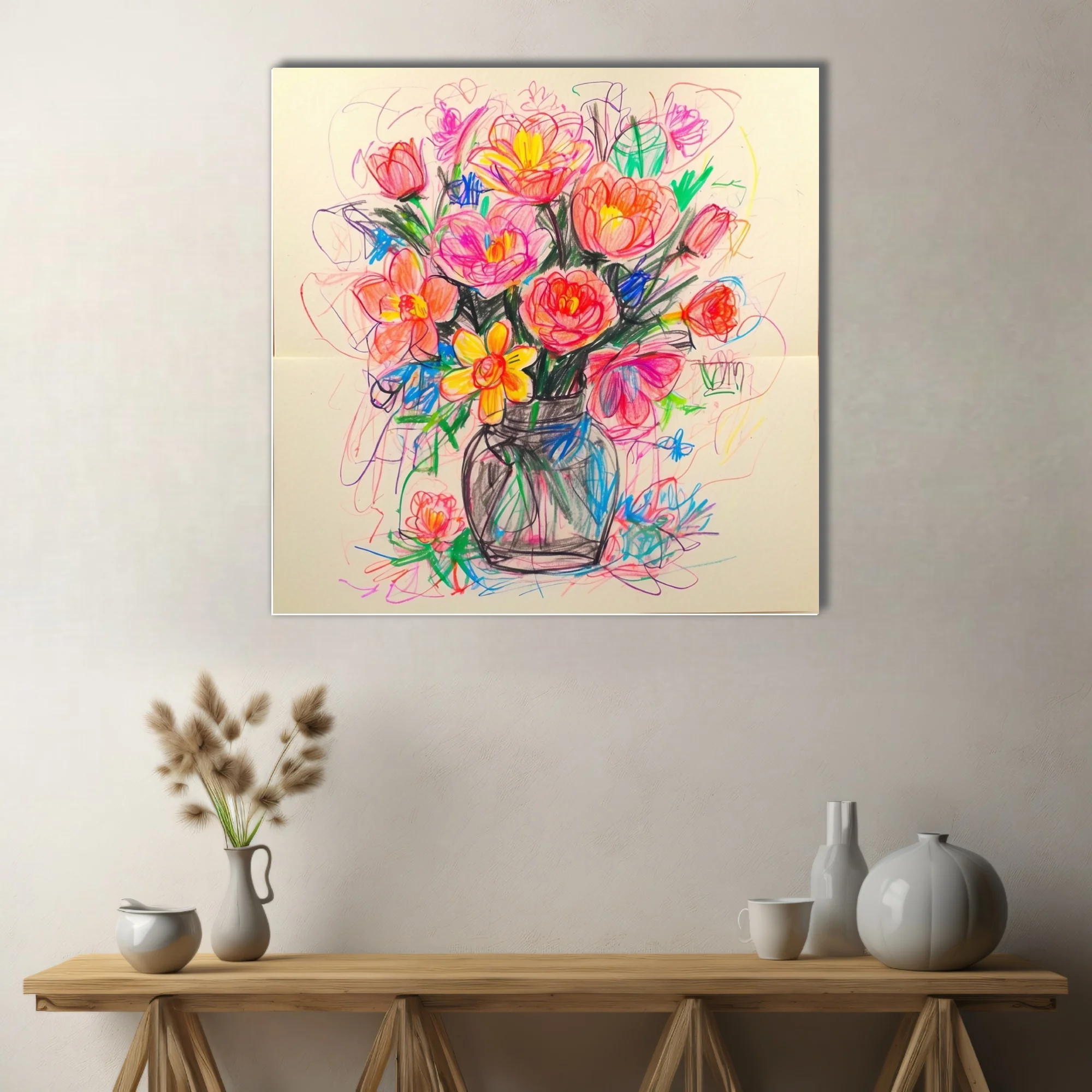Crayon-sketch abstract floral bouquet in coral, pink and yellow in a mason jar