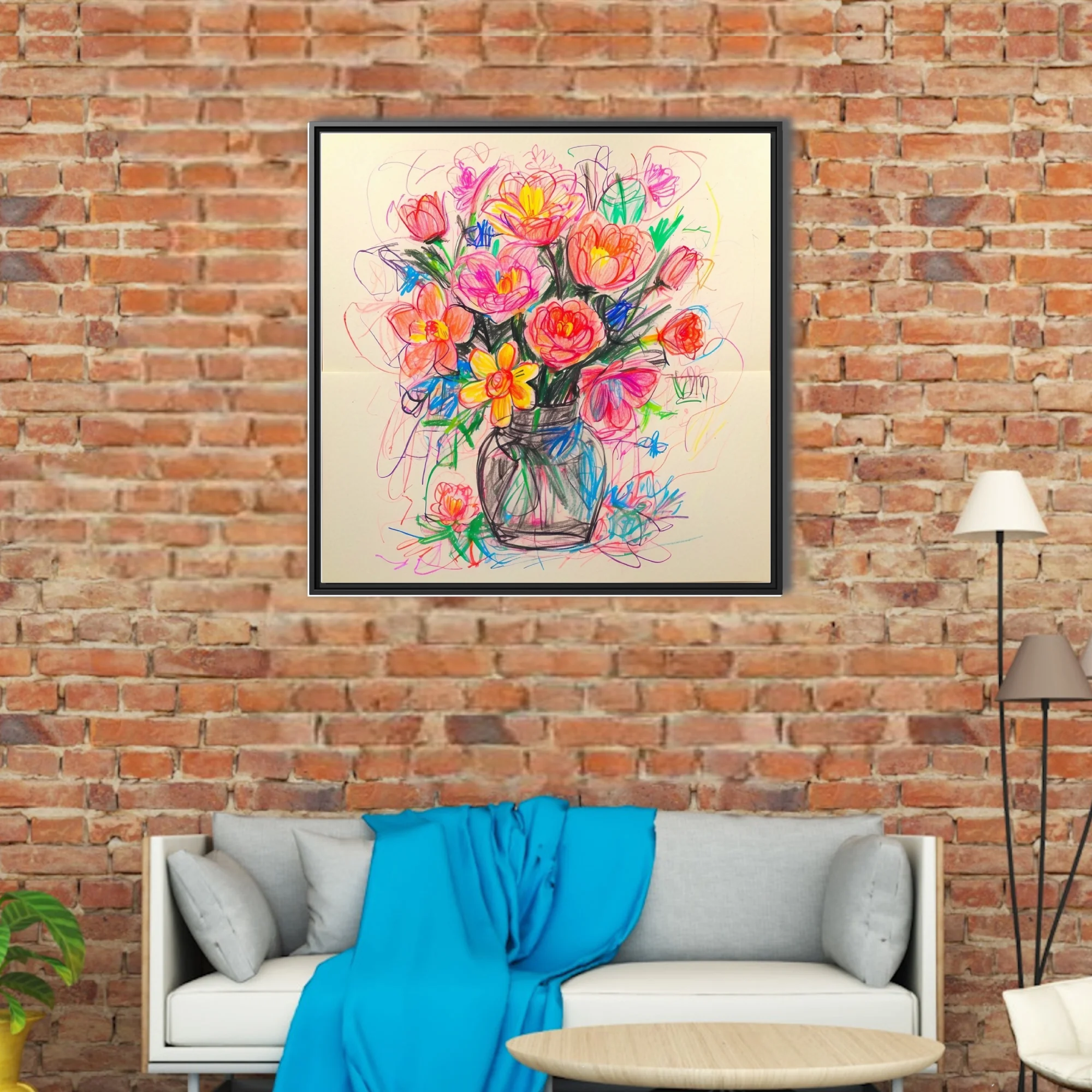 Crayon-sketch abstract floral bouquet in coral, pink and yellow in a mason jar