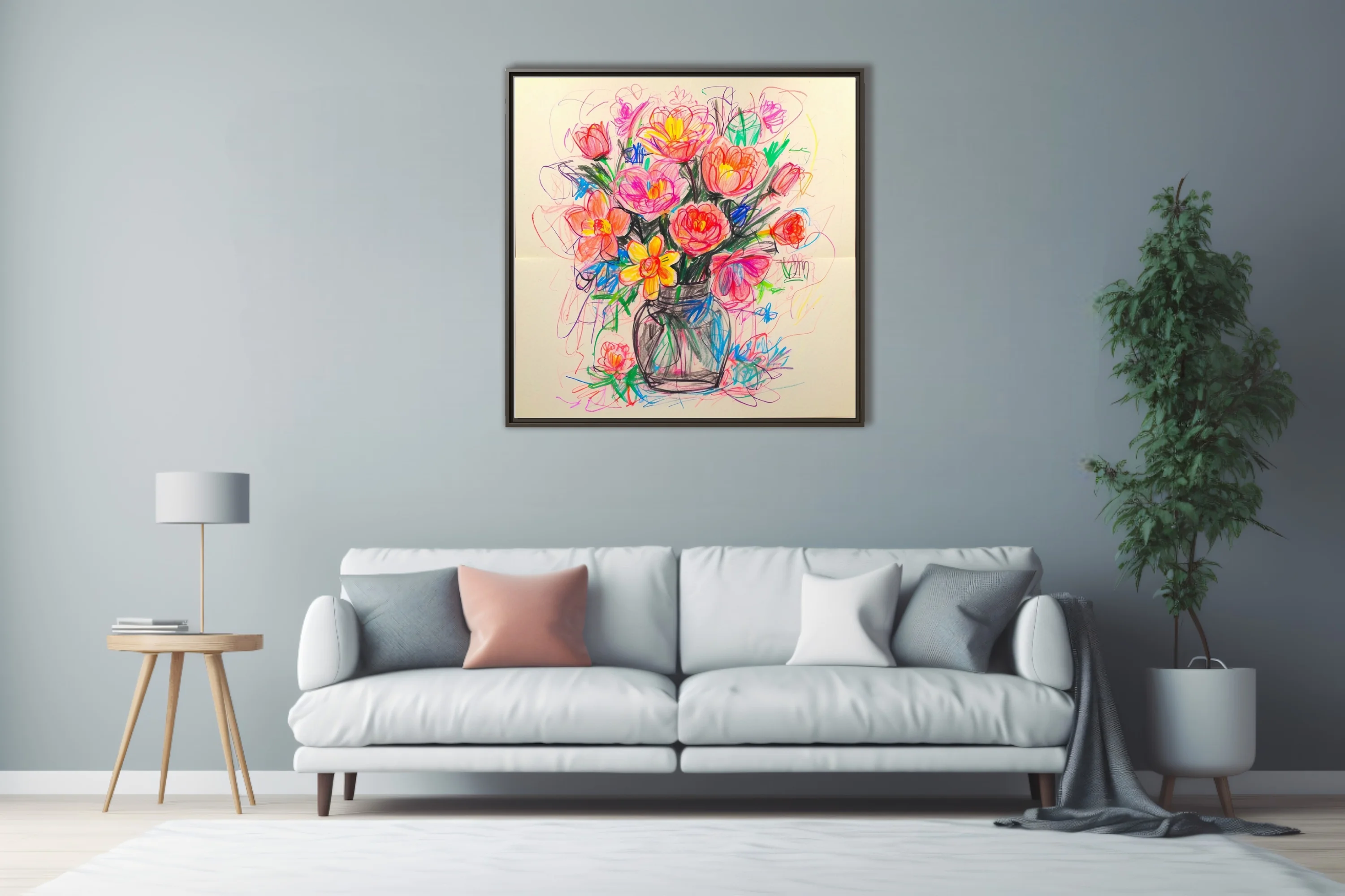 Crayon-sketch abstract floral bouquet in coral, pink and yellow in a mason jar
