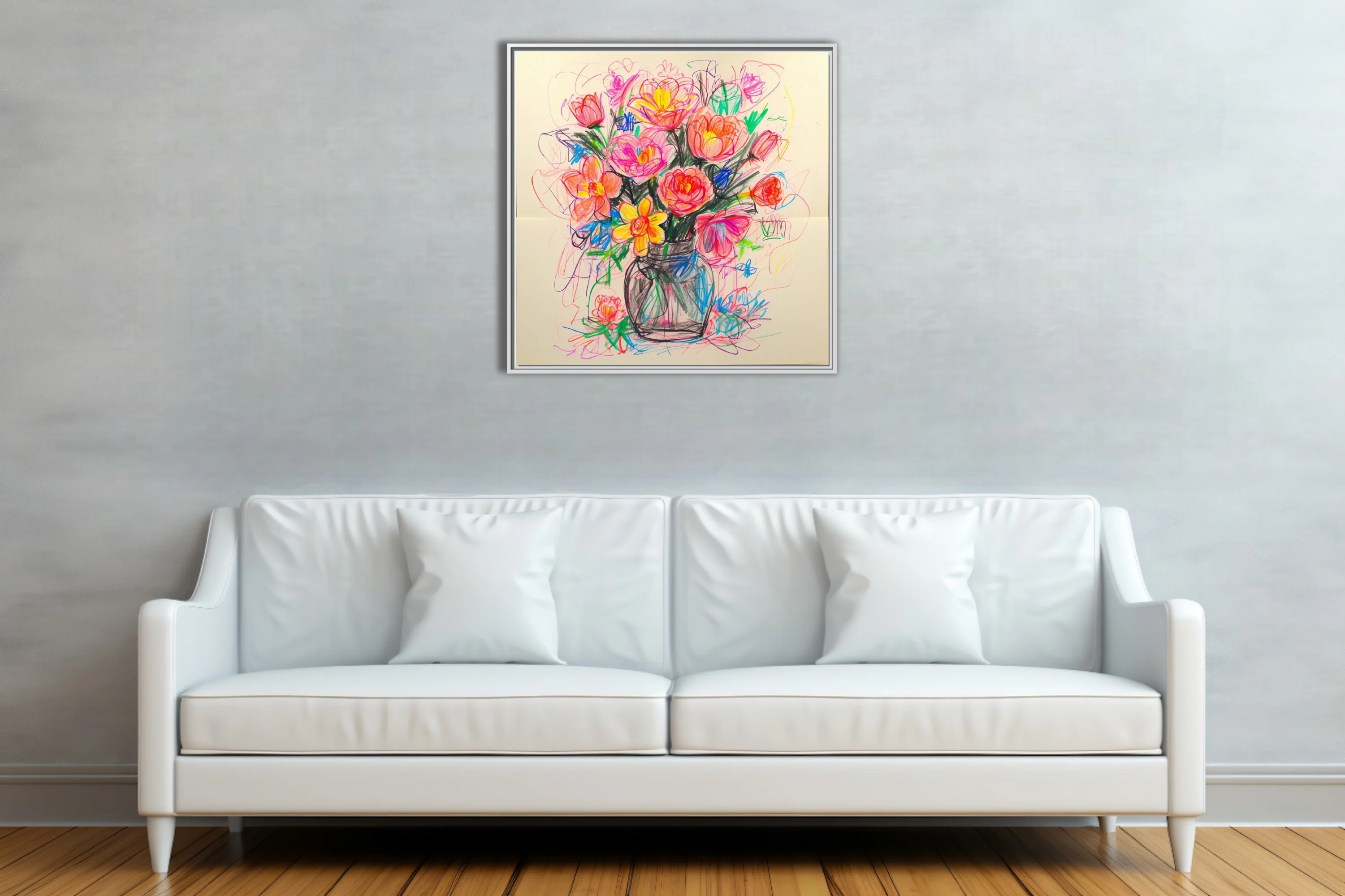 Crayon-sketch abstract floral bouquet in coral, pink and yellow in a mason jar