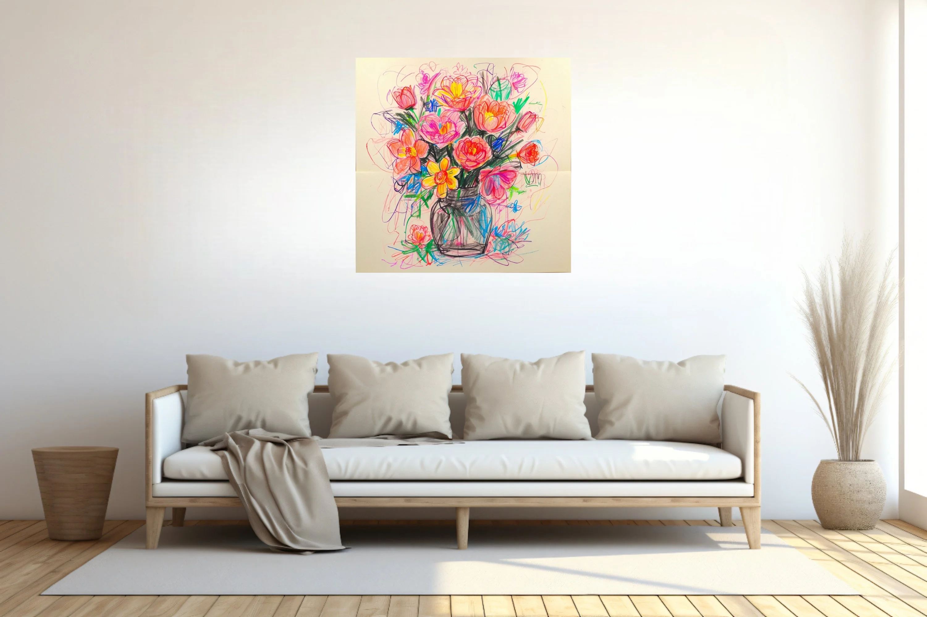 Crayon-sketch abstract floral bouquet in coral, pink and yellow in a mason jar