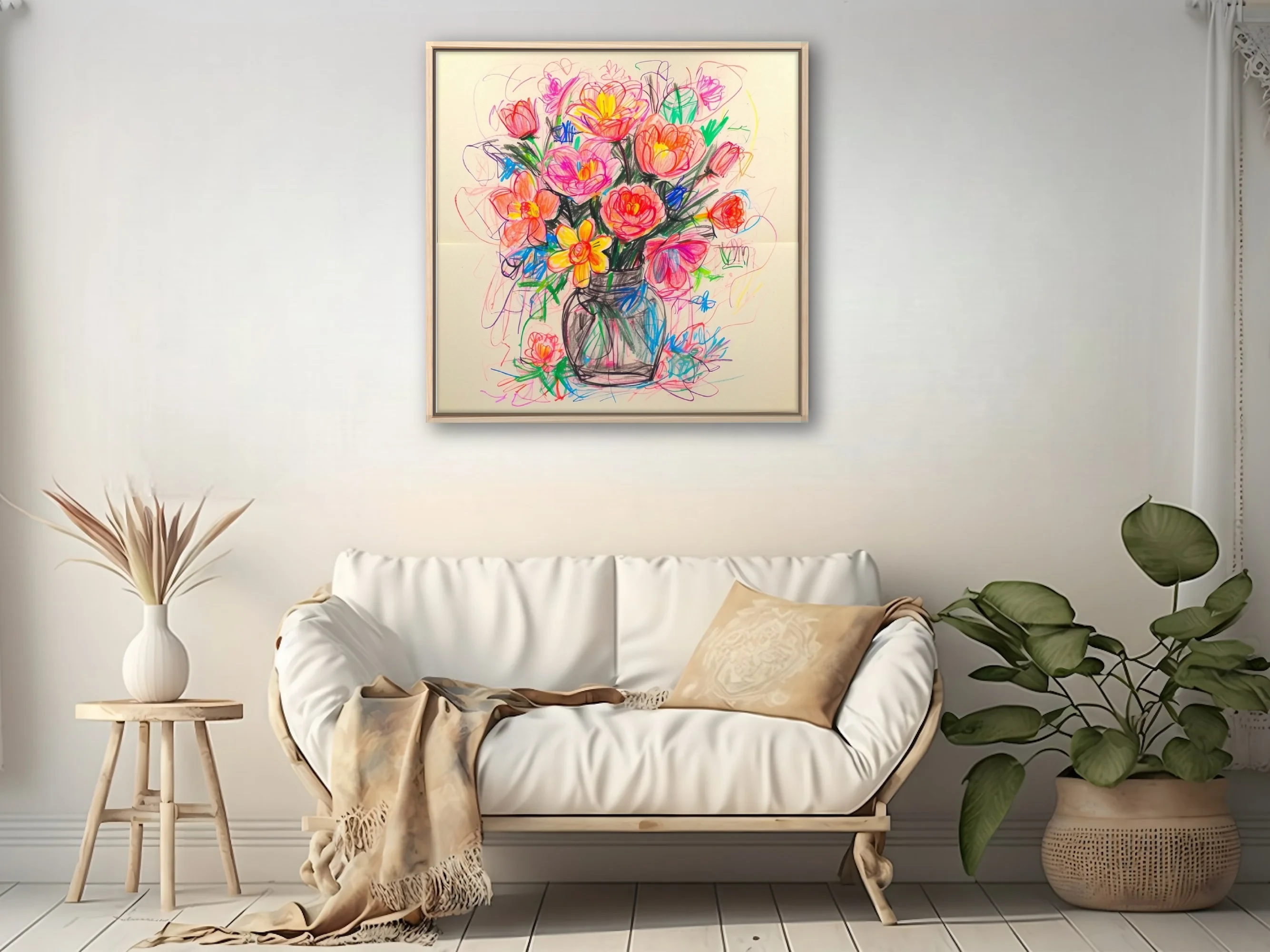 Crayon-sketch abstract floral bouquet in coral, pink and yellow in a mason jar