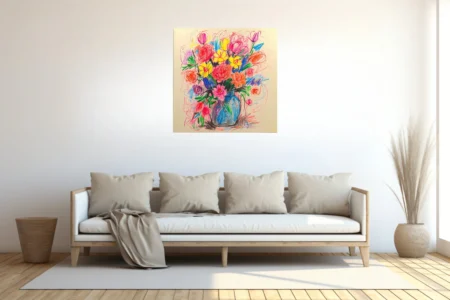 Colorful crayon-style abstract floral bouquet in blue vase, saturated palette