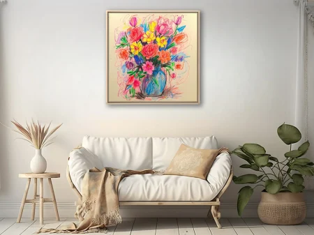 Colorful crayon-style abstract floral bouquet in blue vase, saturated palette