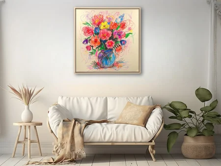 Crayon-style abstract floral bouquet in bright pinks, orange, and yellow — expressive gestural art