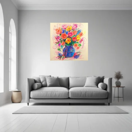 Bold crayon-style abstract floral bouquet in vivid orange, pink, and yellow tones