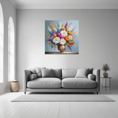 Floral still life, colorful mixed bouquet in gilded vase, vibrant warm and cool tones