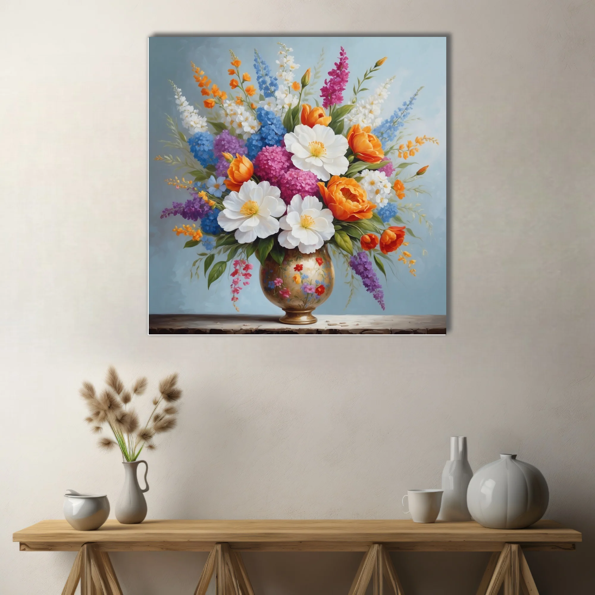 Floral still life, colorful mixed bouquet in gilded vase, vibrant warm and cool tones
