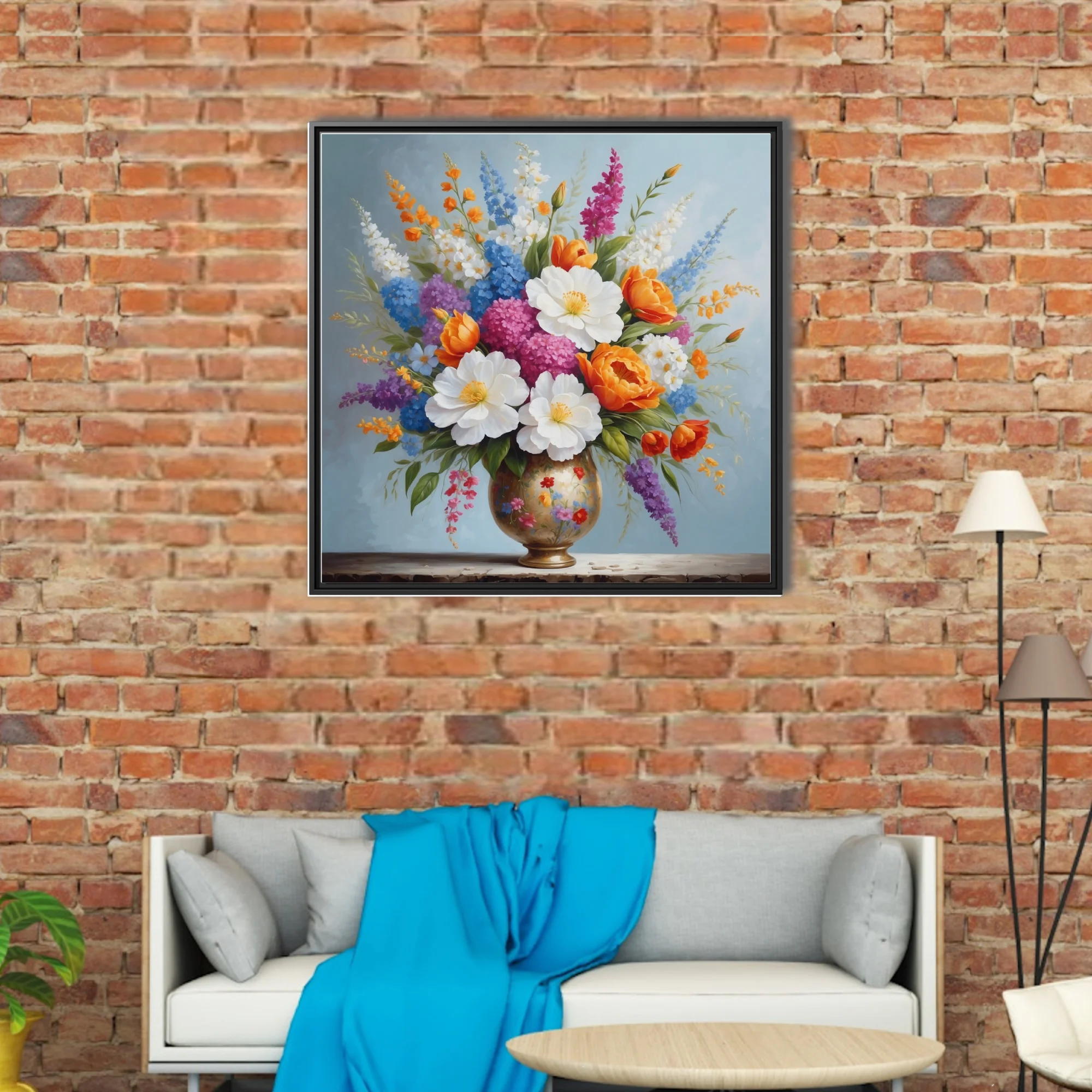 Floral still life, colorful mixed bouquet in gilded vase, vibrant warm and cool tones