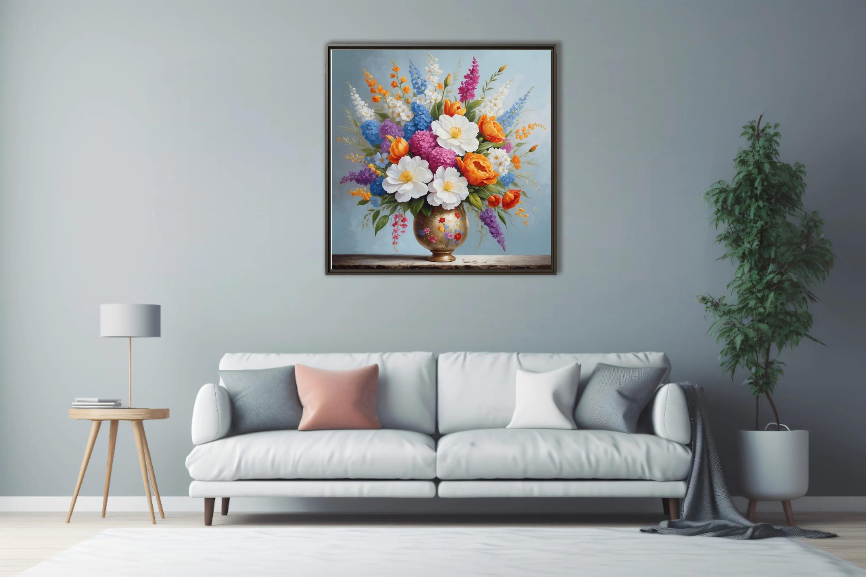 Floral still life, colorful mixed bouquet in gilded vase, vibrant warm and cool tones