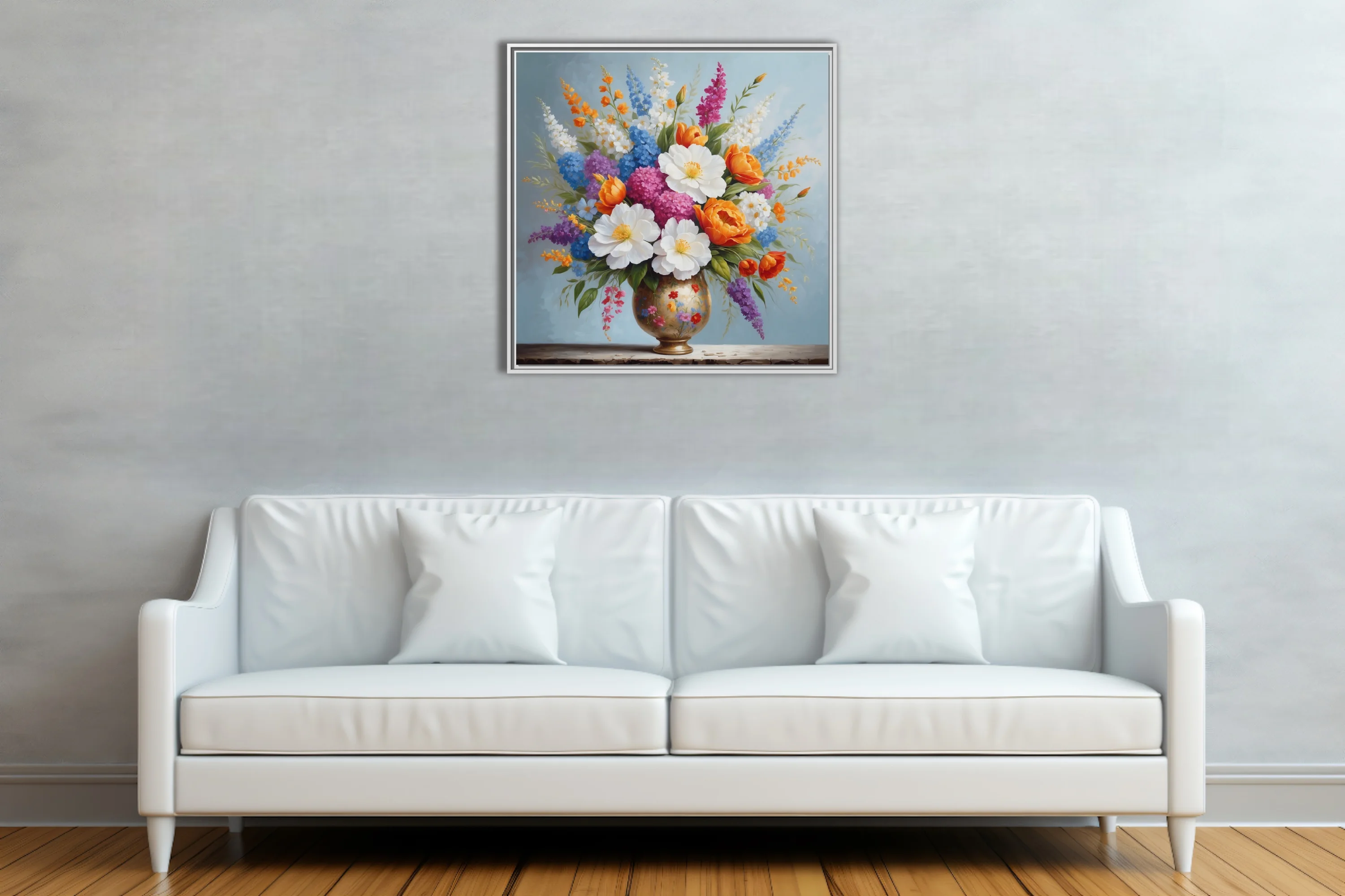 Floral still life, colorful mixed bouquet in gilded vase, vibrant warm and cool tones