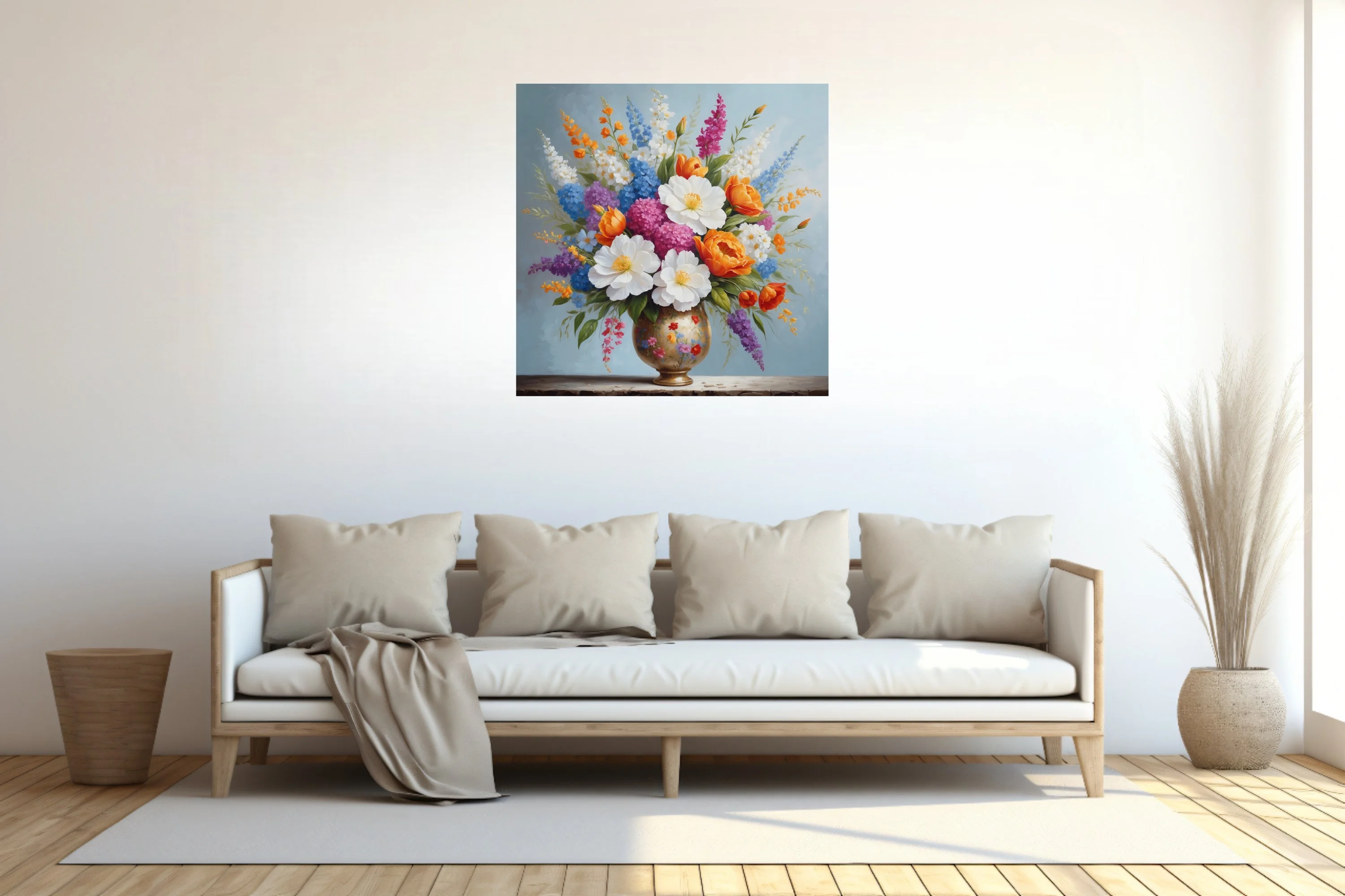 Floral still life, colorful mixed bouquet in gilded vase, vibrant warm and cool tones
