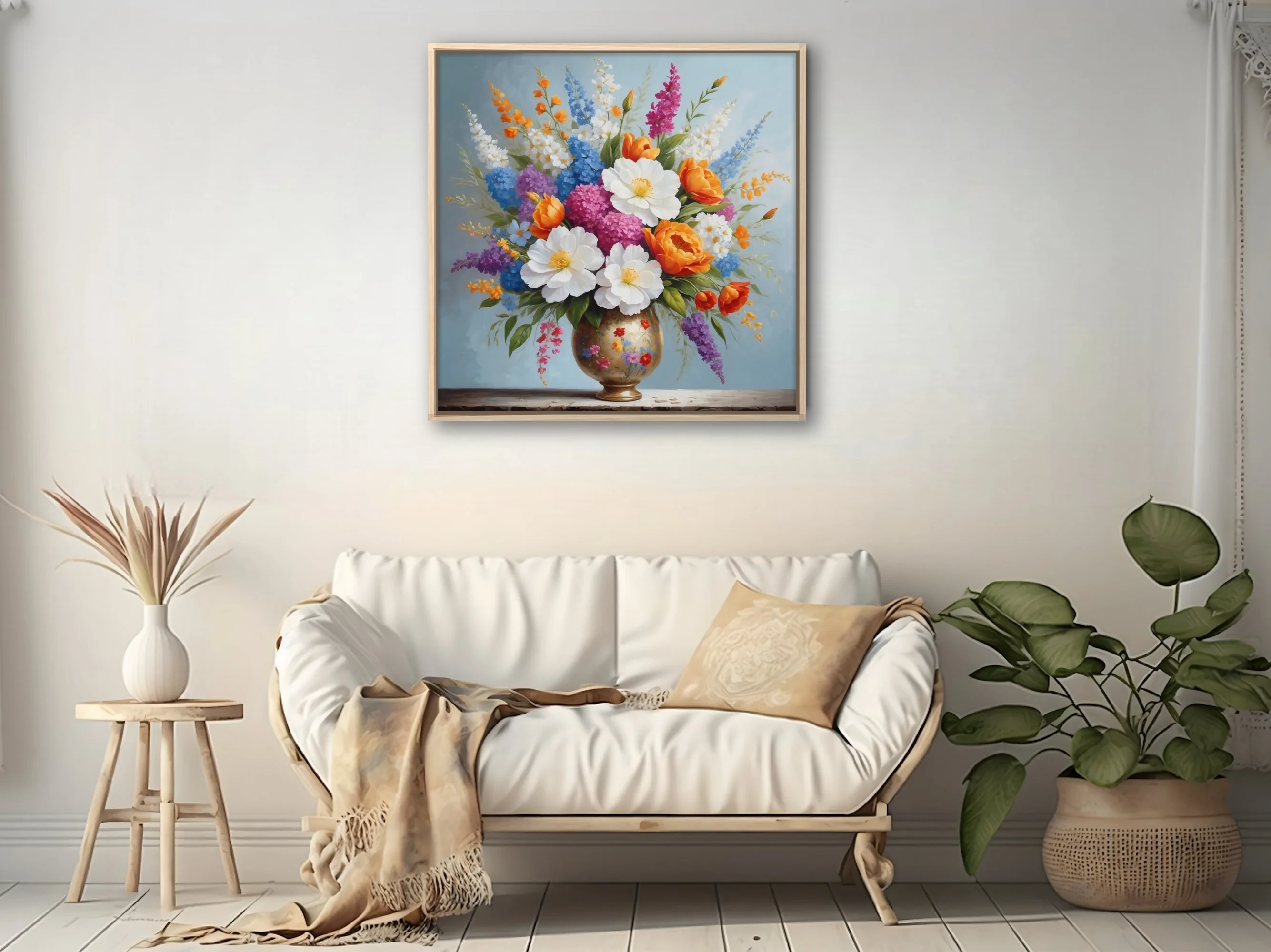 Floral still life, colorful mixed bouquet in gilded vase, vibrant warm and cool tones
