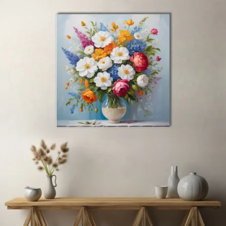 Floral bouquet in glass vase, white peonies, orange blooms, rich mixed palette