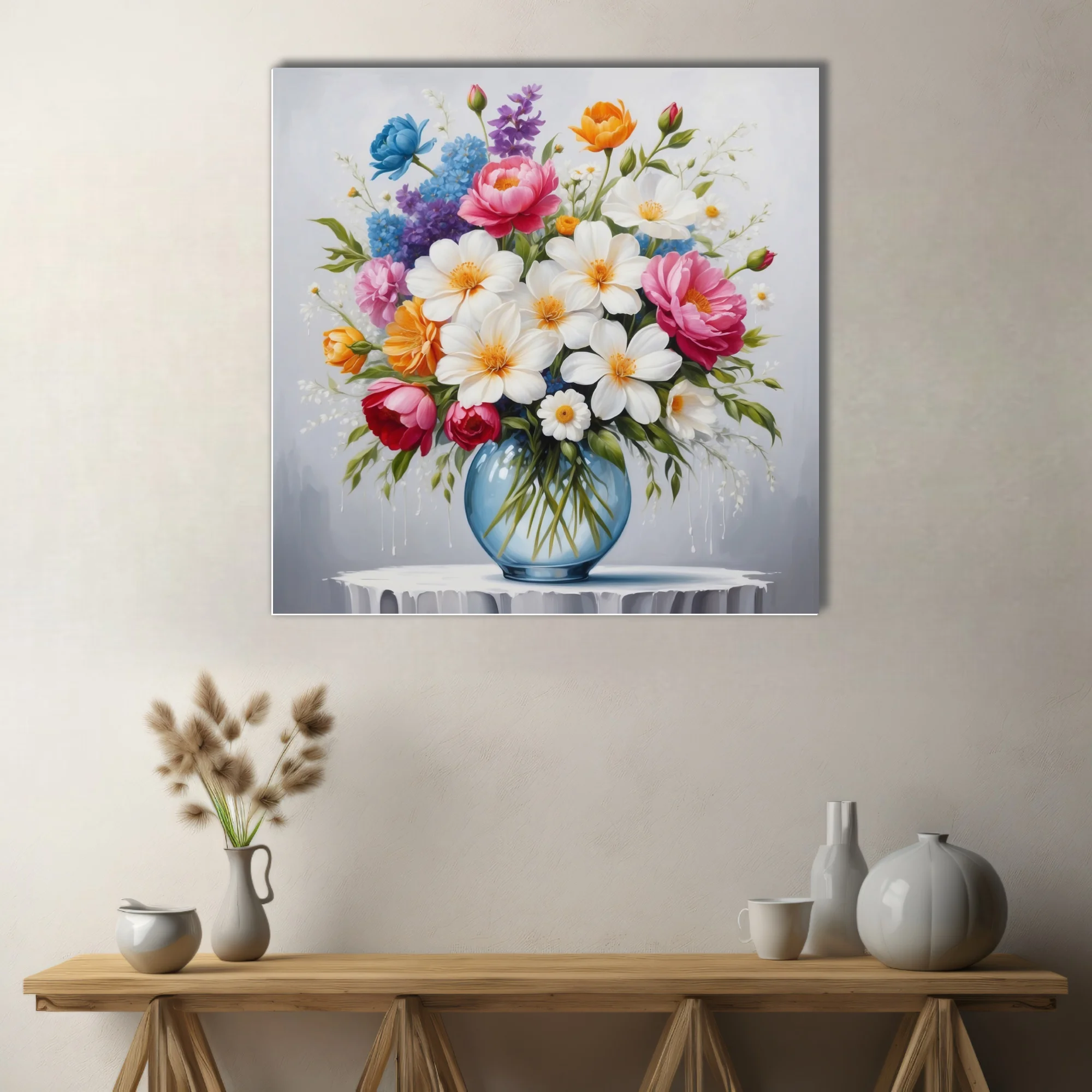 Mixed floral bouquet in glass vase, vivid pinks, whites, and orange blooms