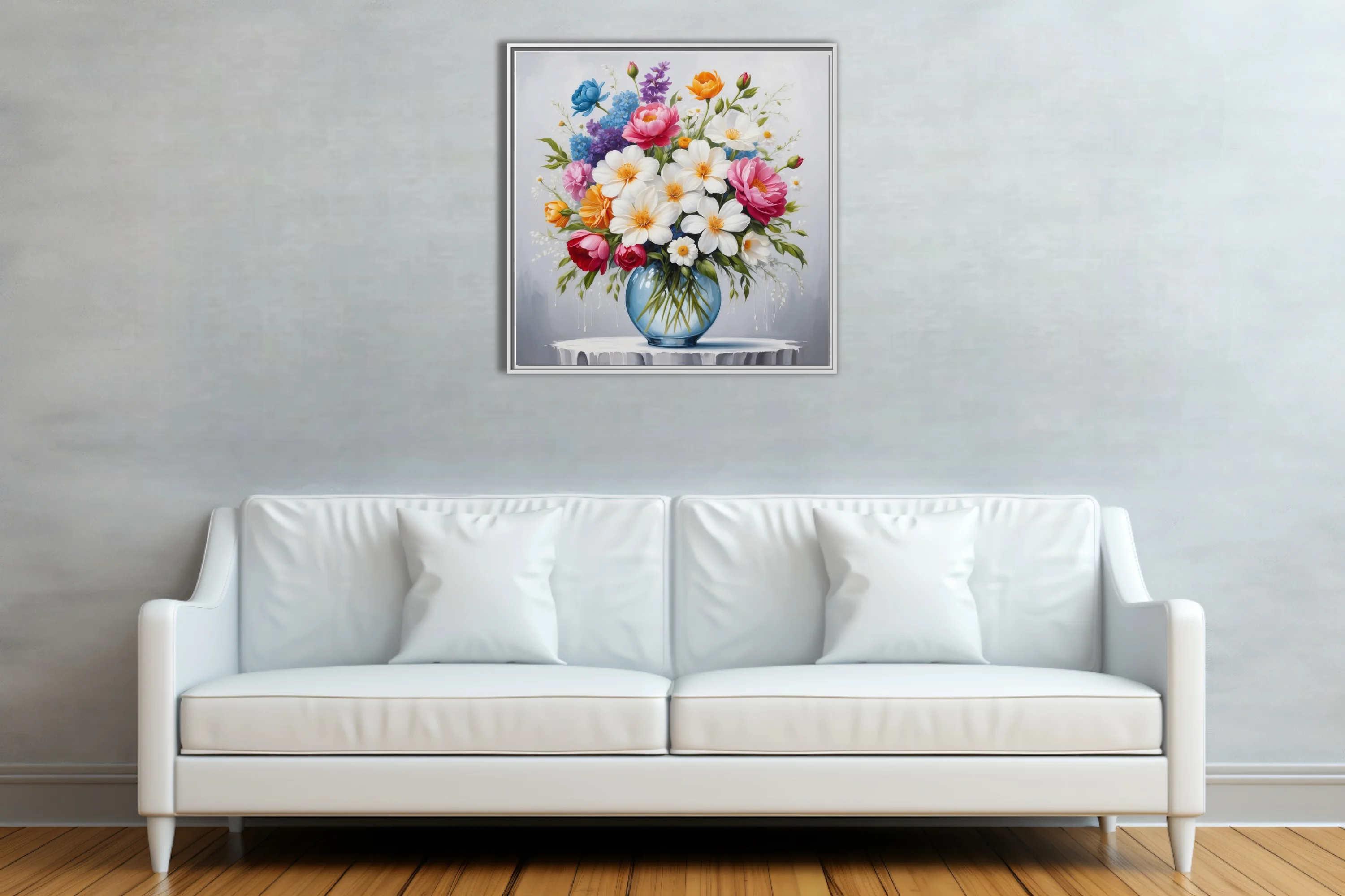 Mixed floral bouquet in glass vase, vivid pinks, whites, and orange blooms