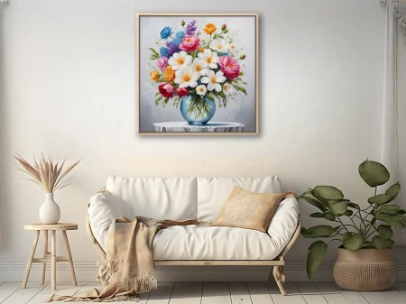Mixed floral bouquet in glass vase, vivid pinks, whites, and orange blooms
