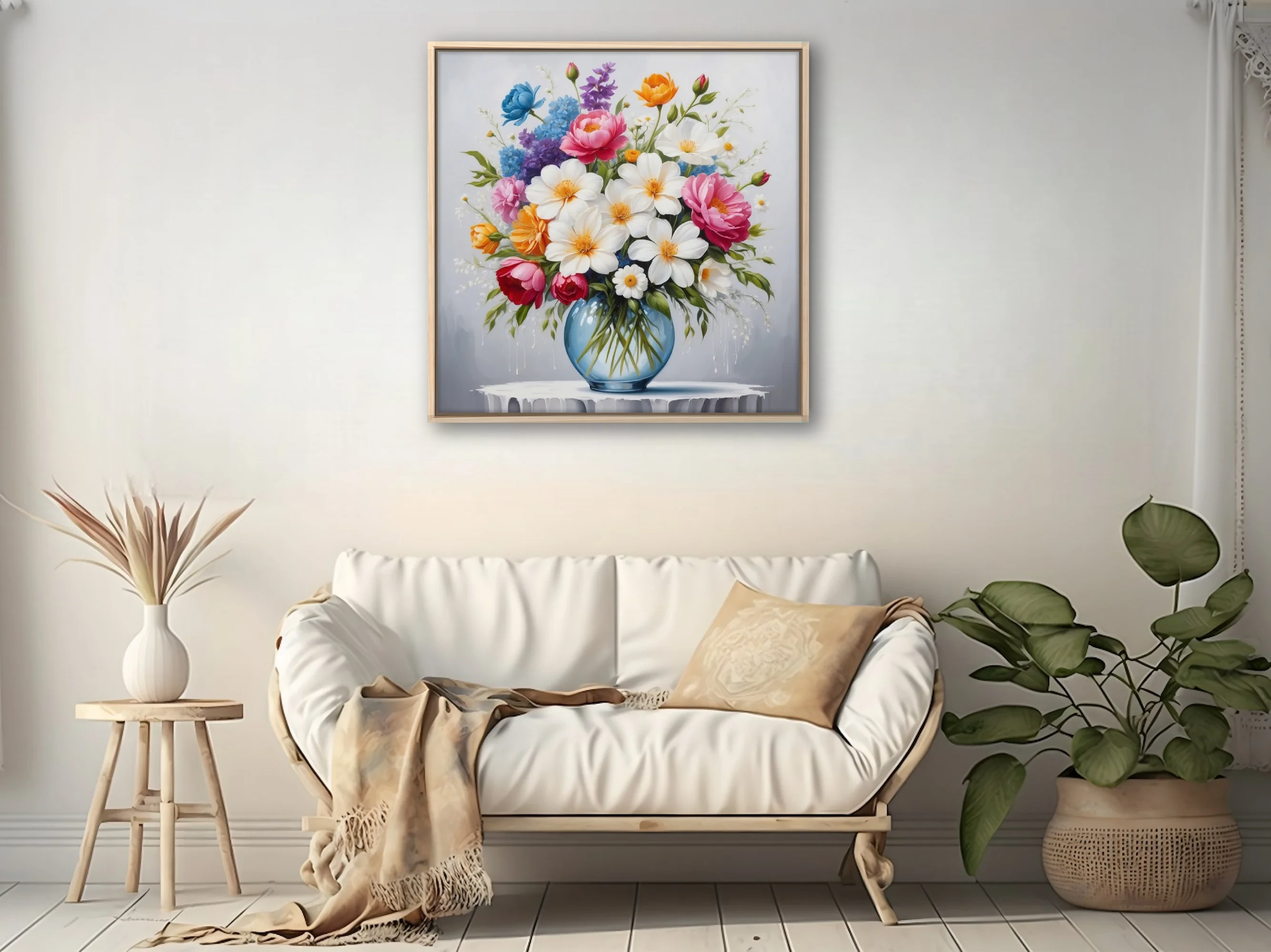 Mixed floral bouquet in glass vase, vivid pinks, whites, and orange blooms