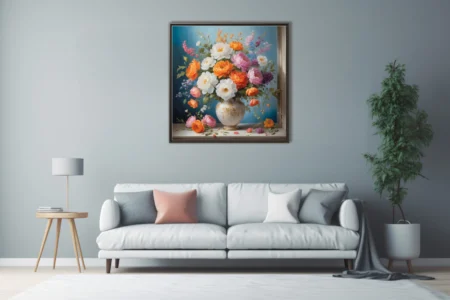Classical floral still life with orange and white peonies in a gilded porcelain vase