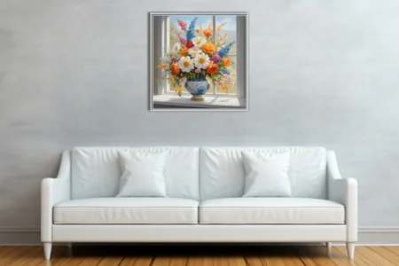 Floral still life, vibrant garden blooms in blue-and-white ceramic vase by window