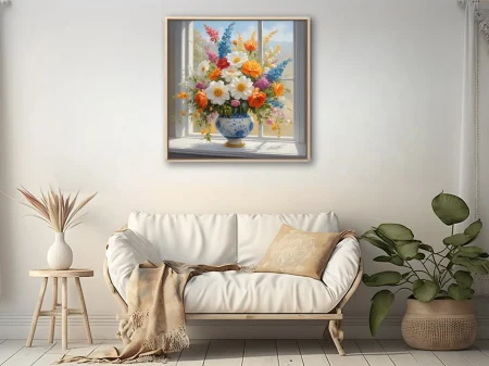 Floral still life, vibrant garden blooms in blue-and-white ceramic vase by window