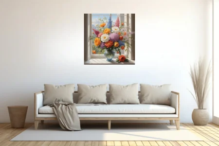 Vibrant floral bouquet in glass vase by sunny window, warm rich palette