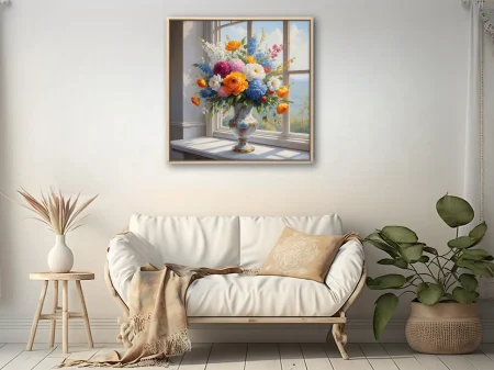 Old-master-style floral still life, vibrant mixed blooms in ornate porcelain vase by window