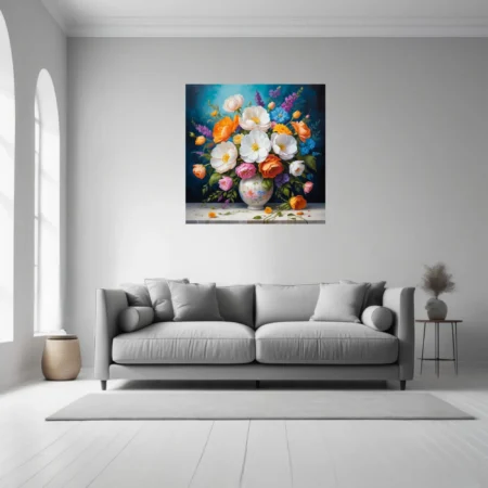 Floral still life, white peonies and orange blooms in decorative vase, teal background