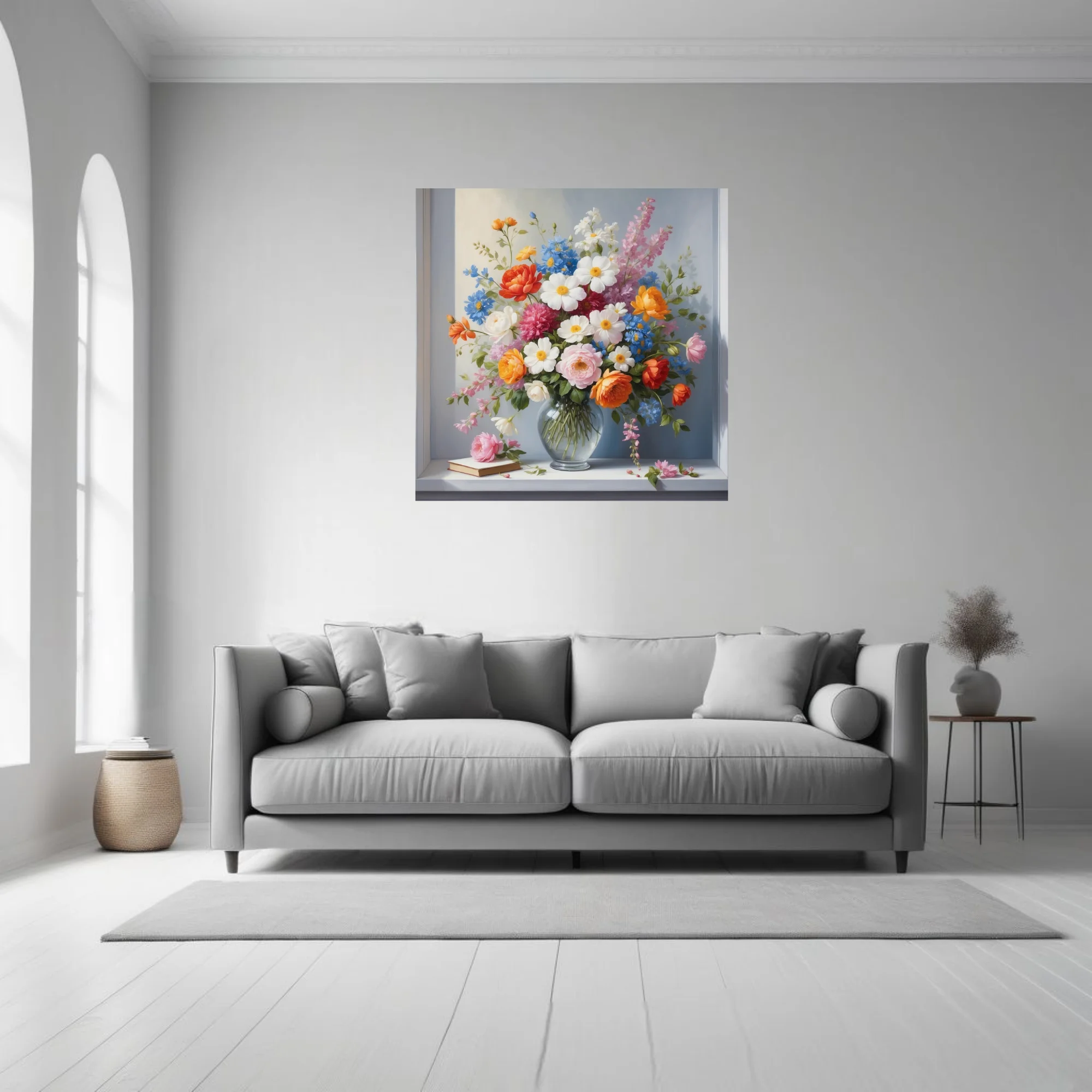 Floral still life, mixed blooms in glass vase, rich warm palette