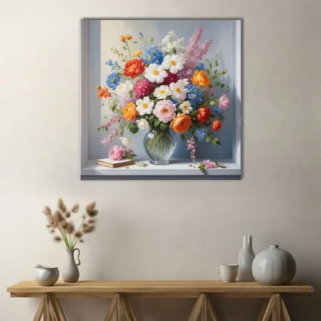 Floral still life, mixed blooms in glass vase, rich warm palette