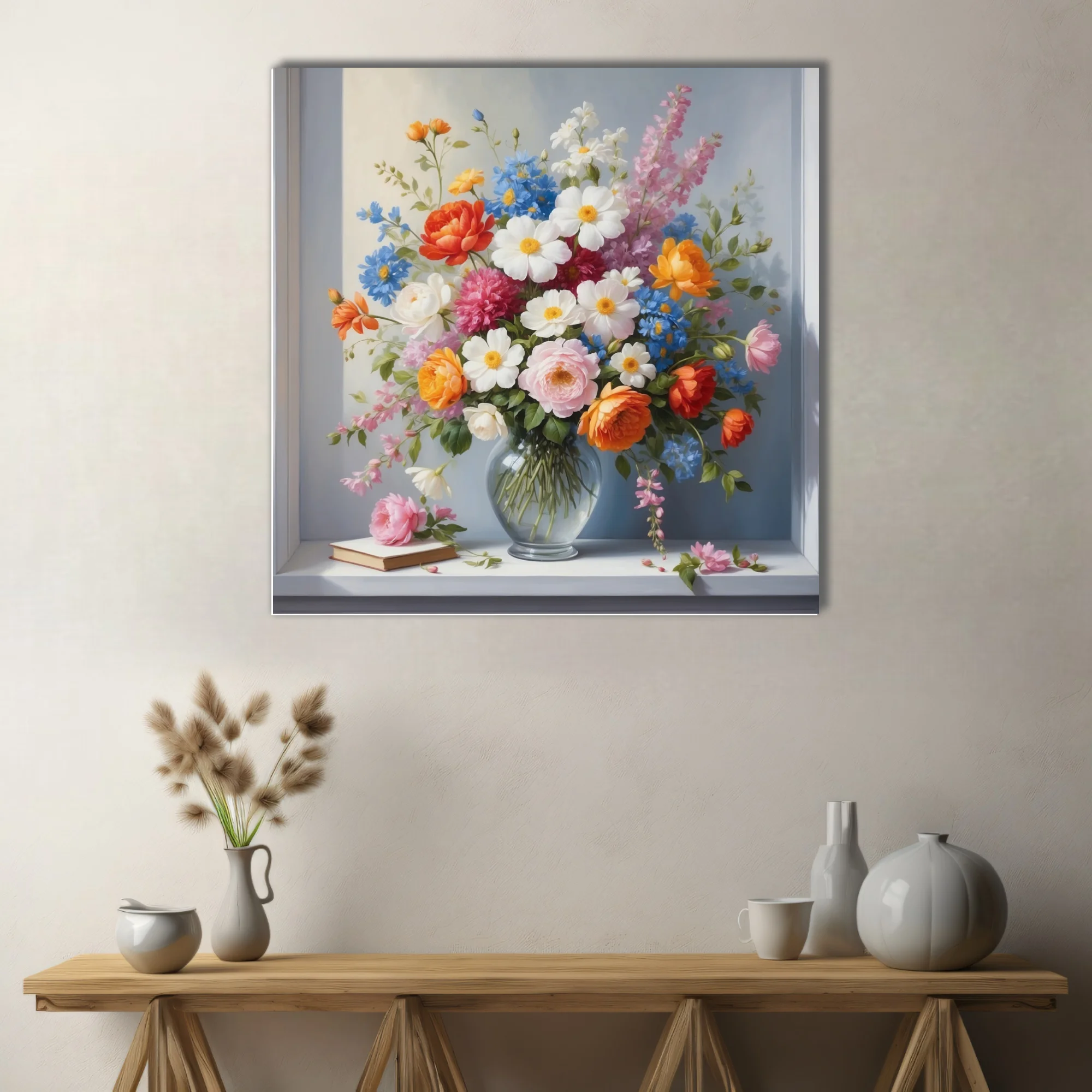 Floral still life, mixed blooms in glass vase, rich warm palette