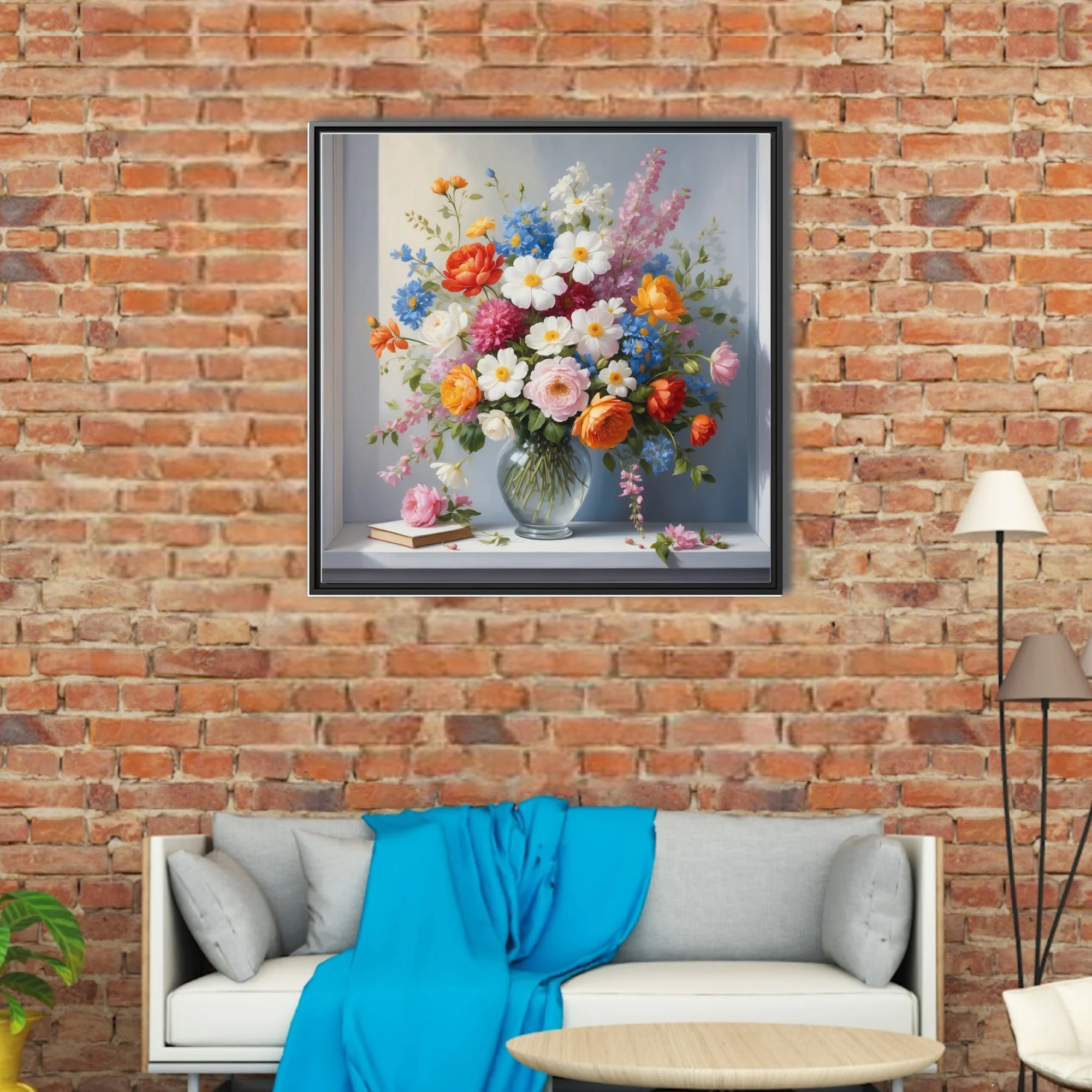 Floral still life, mixed blooms in glass vase, rich warm palette