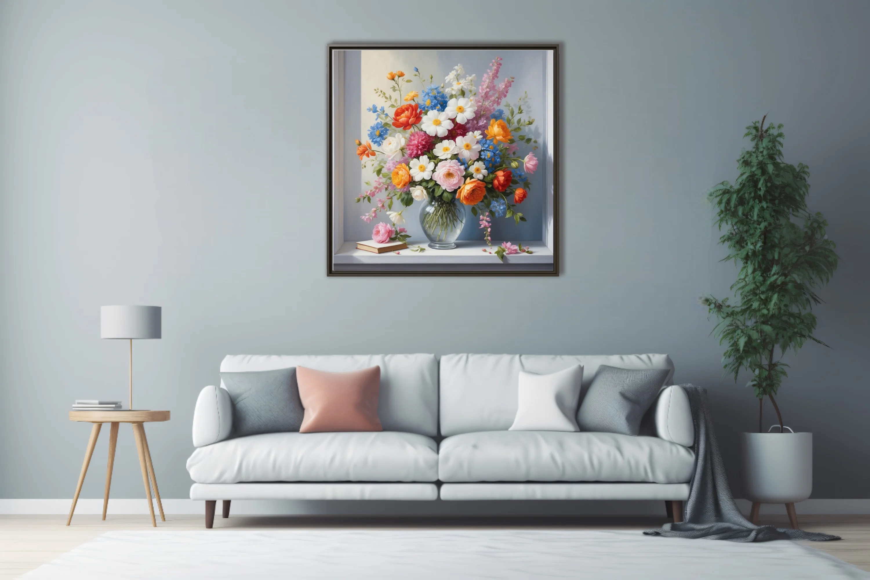 Floral still life, mixed blooms in glass vase, rich warm palette