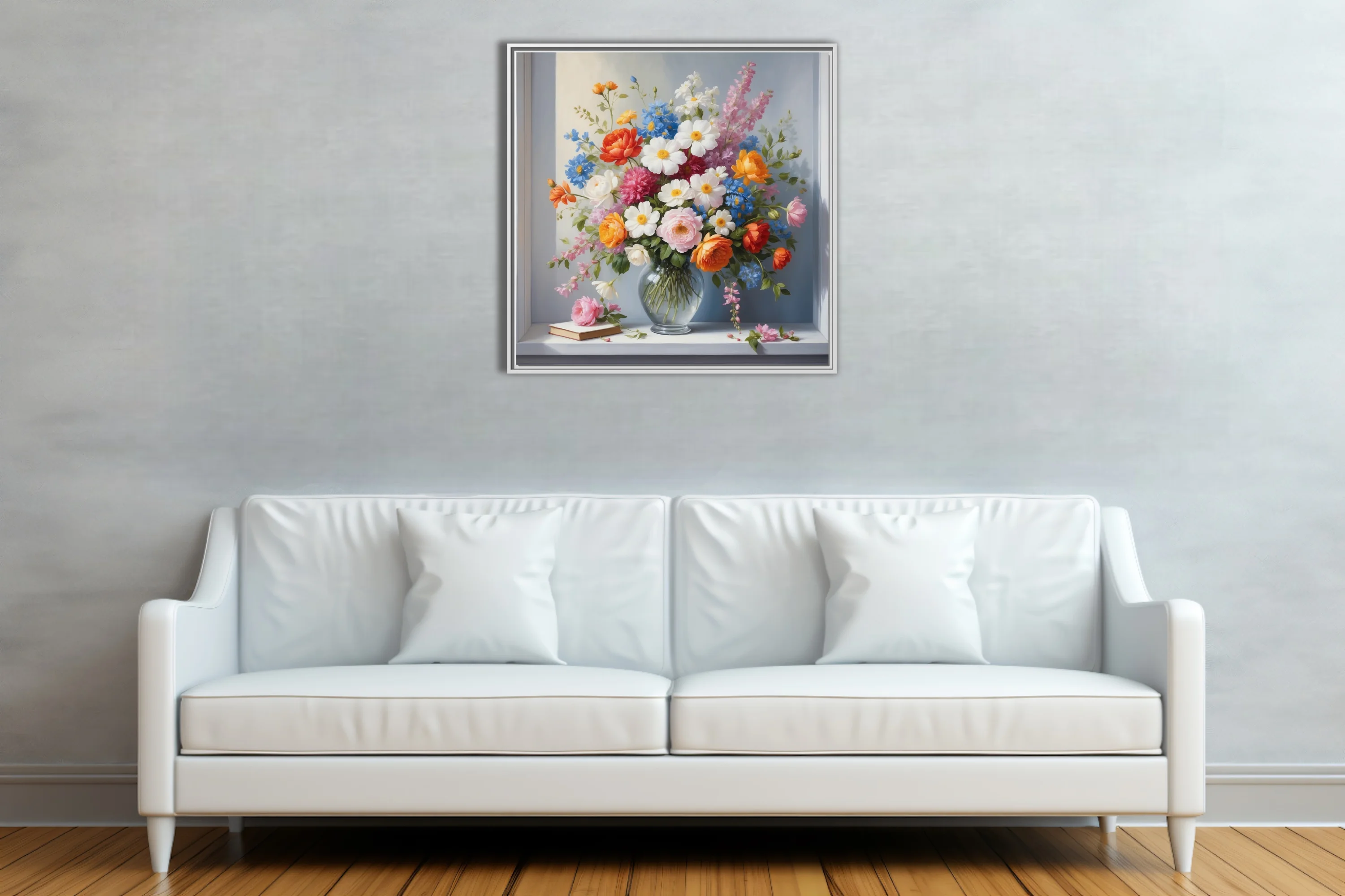 Floral still life, mixed blooms in glass vase, rich warm palette