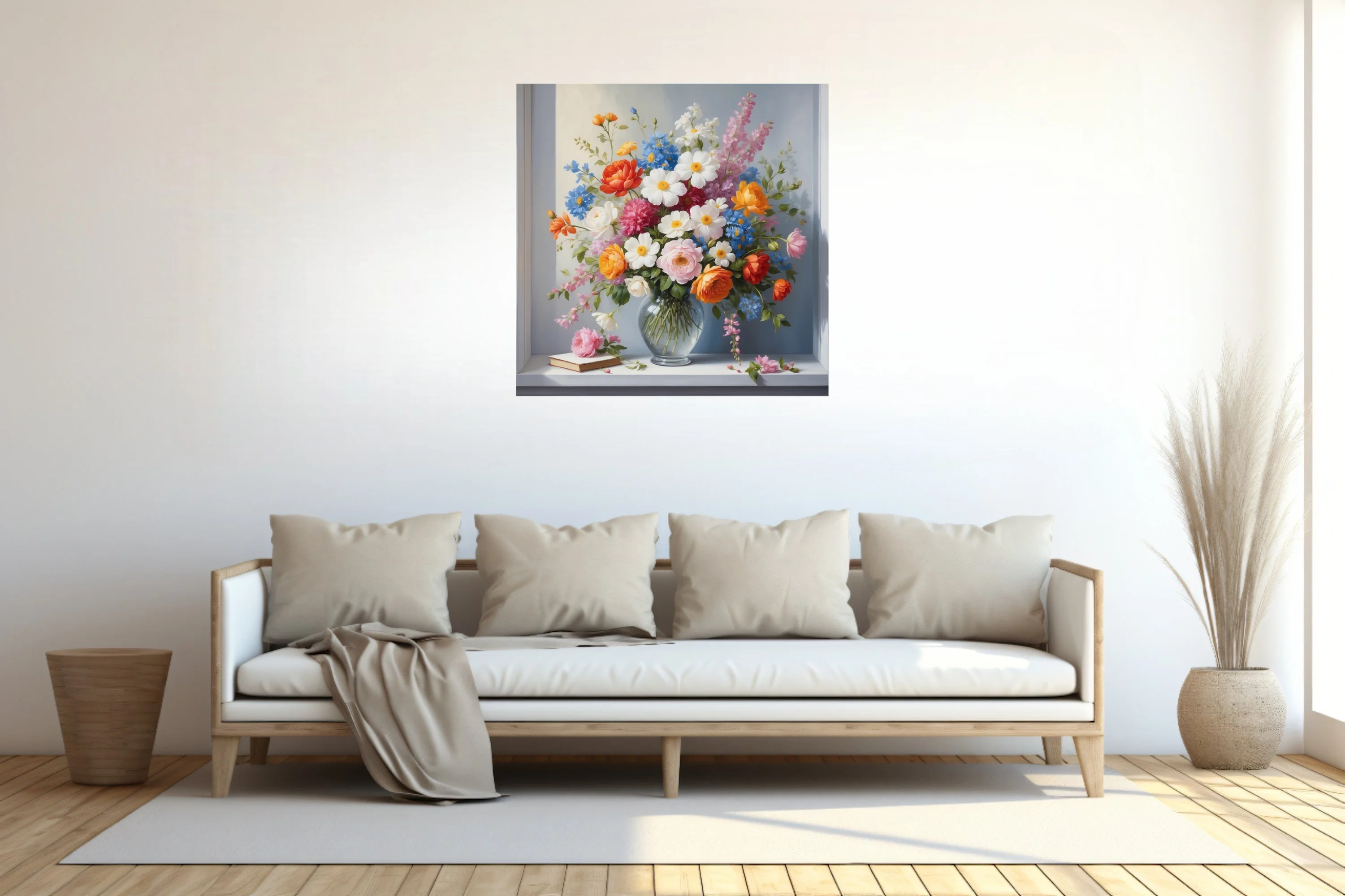 Floral still life, mixed blooms in glass vase, rich warm palette