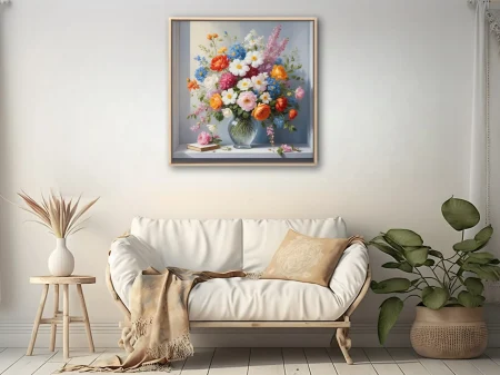 Floral still life, mixed blooms in glass vase, rich warm palette