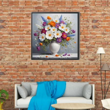 Floral still life, white blooms and jewel-toned wildflowers in ceramic vase