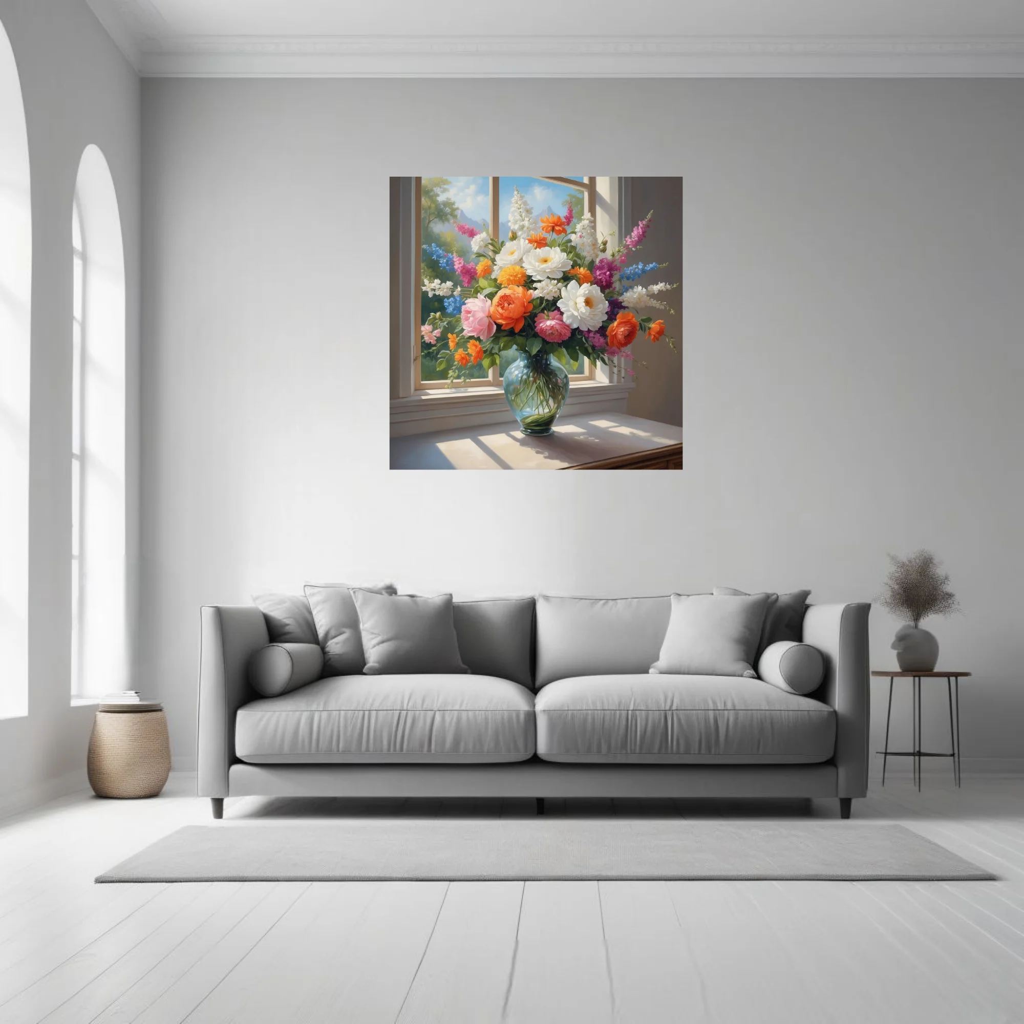 Old-master-style floral bouquet in glass vase, orange pink white blooms, sunlit window