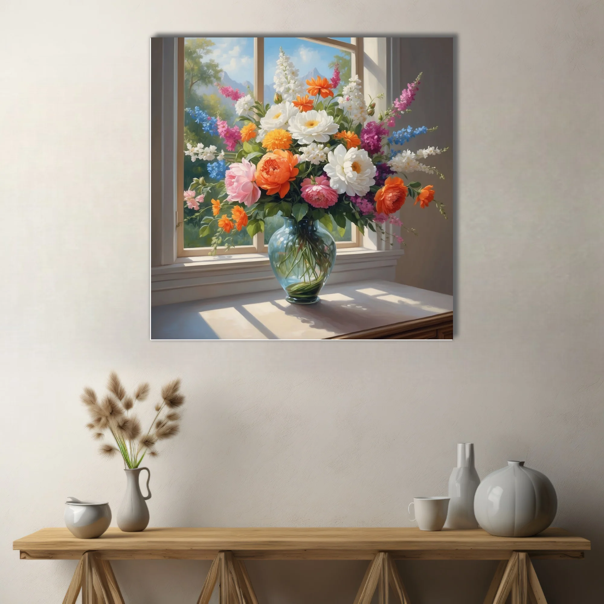 Old-master-style floral bouquet in glass vase, orange pink white blooms, sunlit window