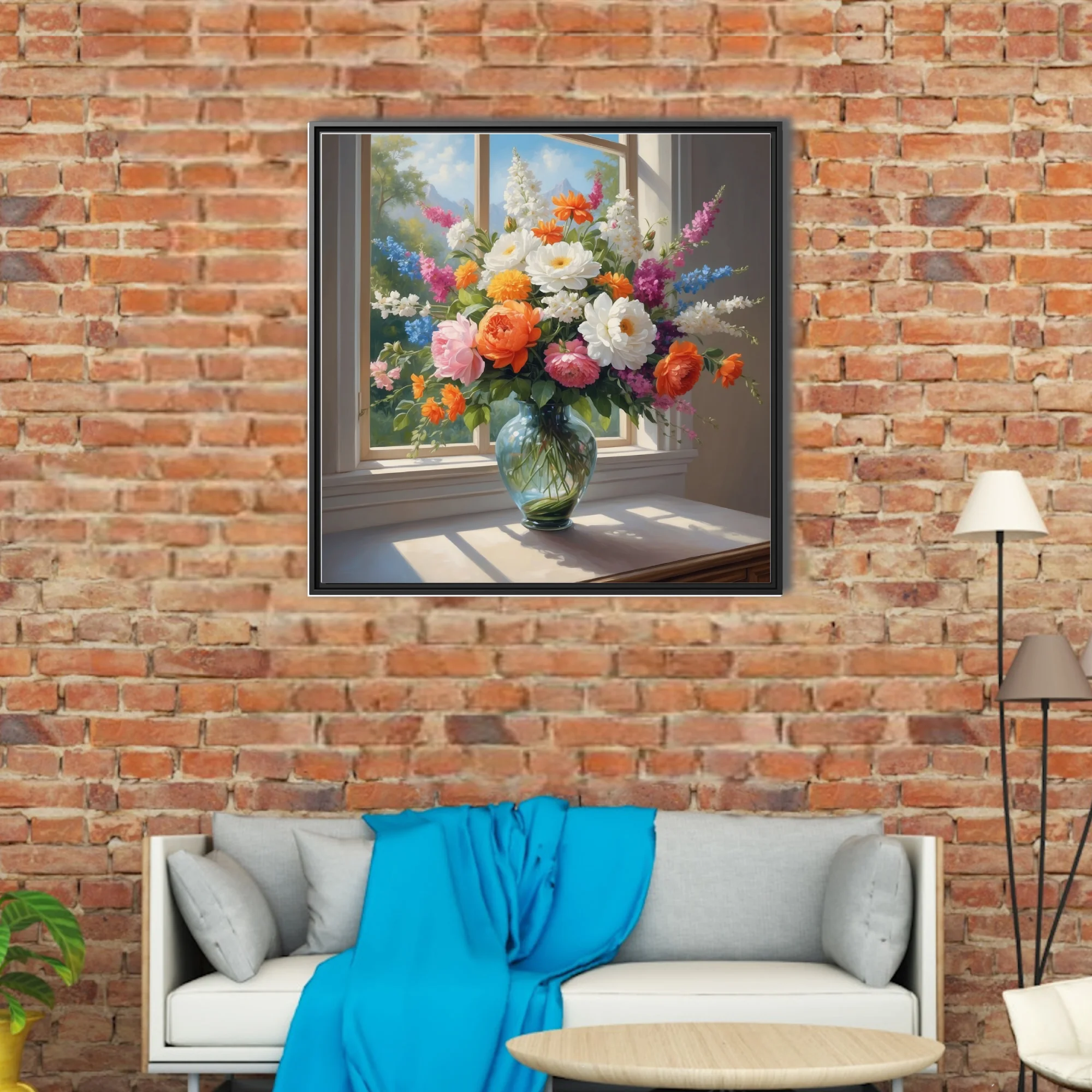 Old-master-style floral bouquet in glass vase, orange pink white blooms, sunlit window