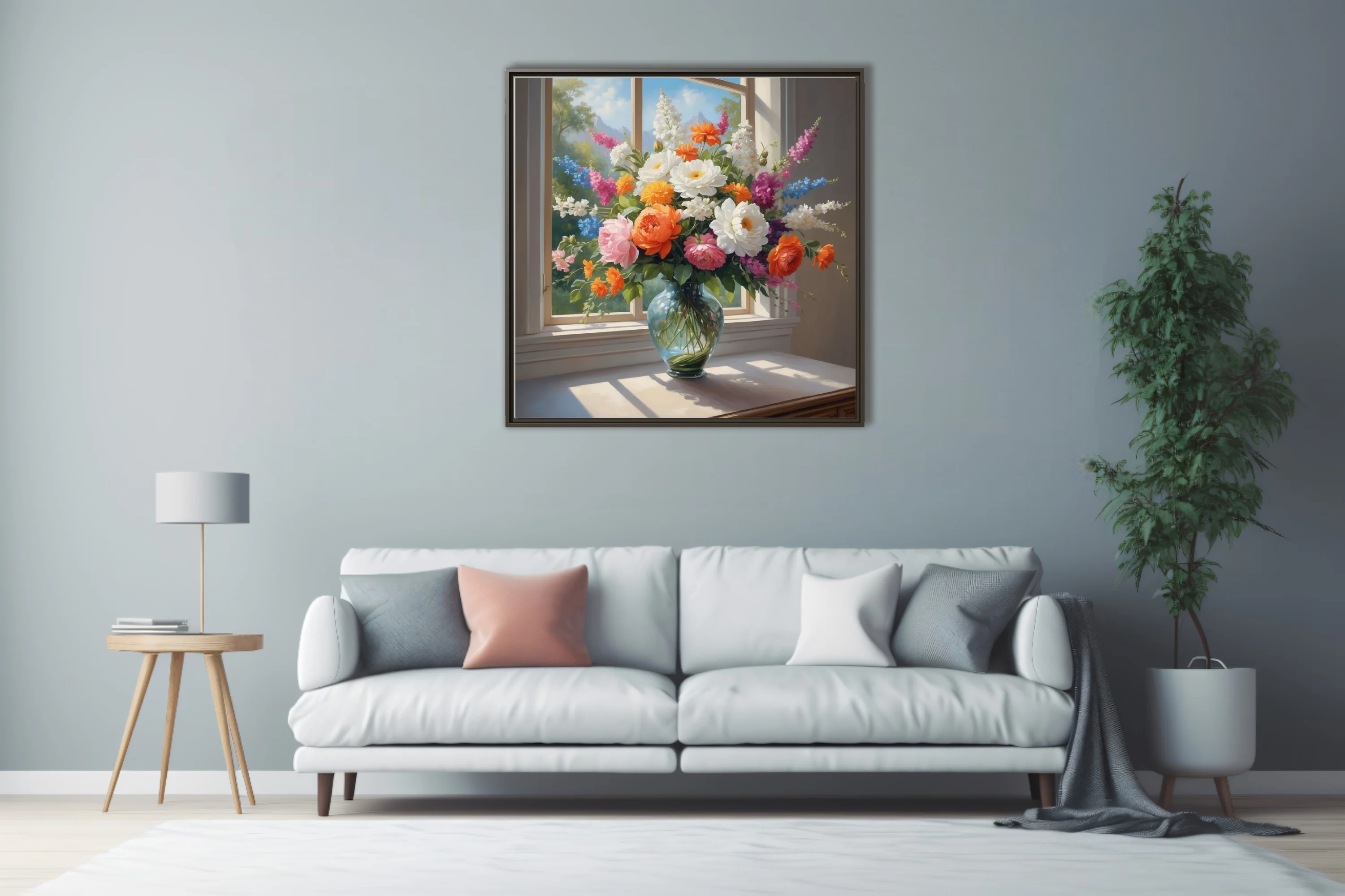 Old-master-style floral bouquet in glass vase, orange pink white blooms, sunlit window