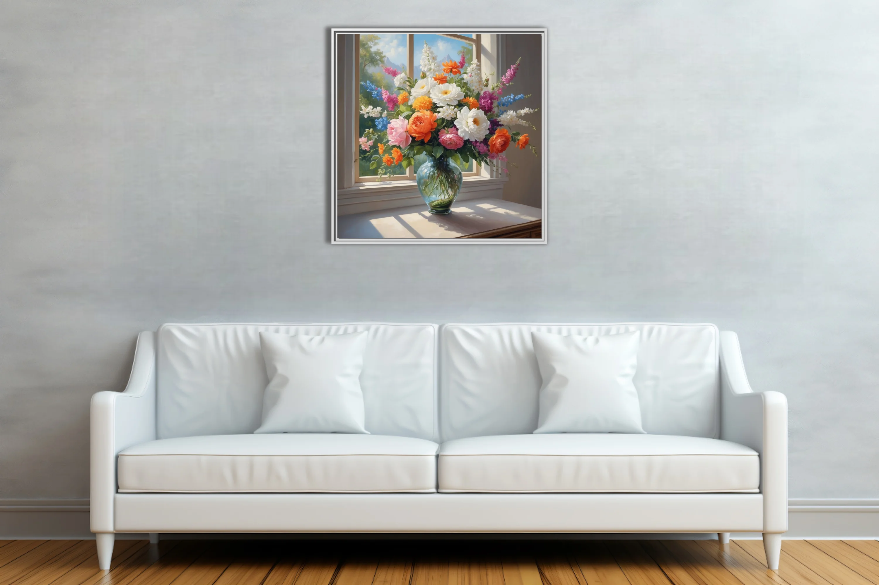 Old-master-style floral bouquet in glass vase, orange pink white blooms, sunlit window