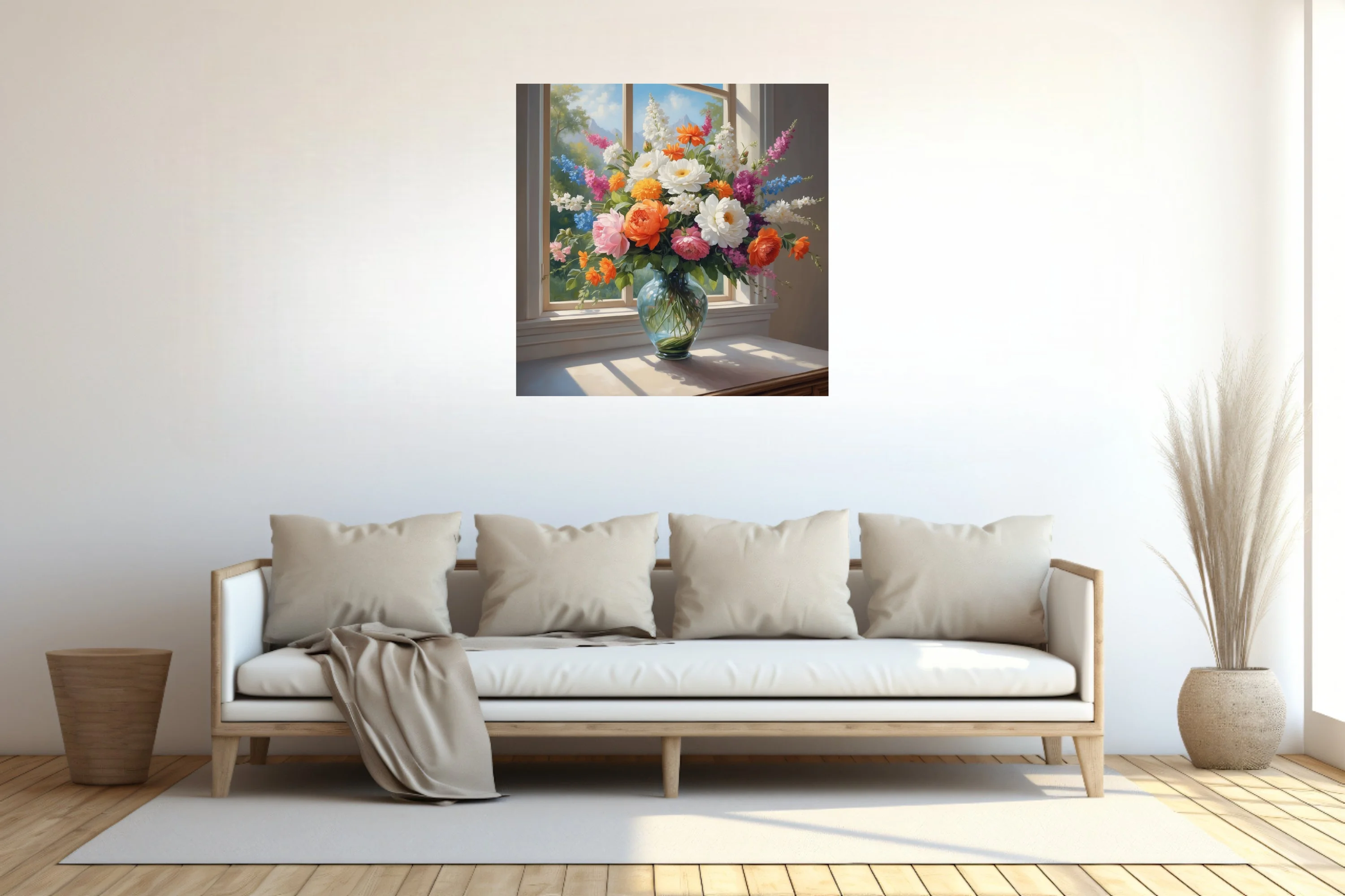 Old-master-style floral bouquet in glass vase, orange pink white blooms, sunlit window